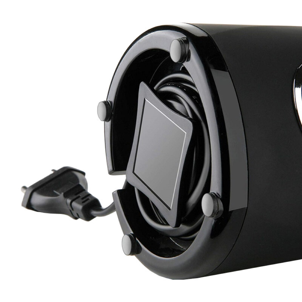 Podstawa czarnego urządzenia z przewodem zasilającym. Przewód zasilający jest czarny.