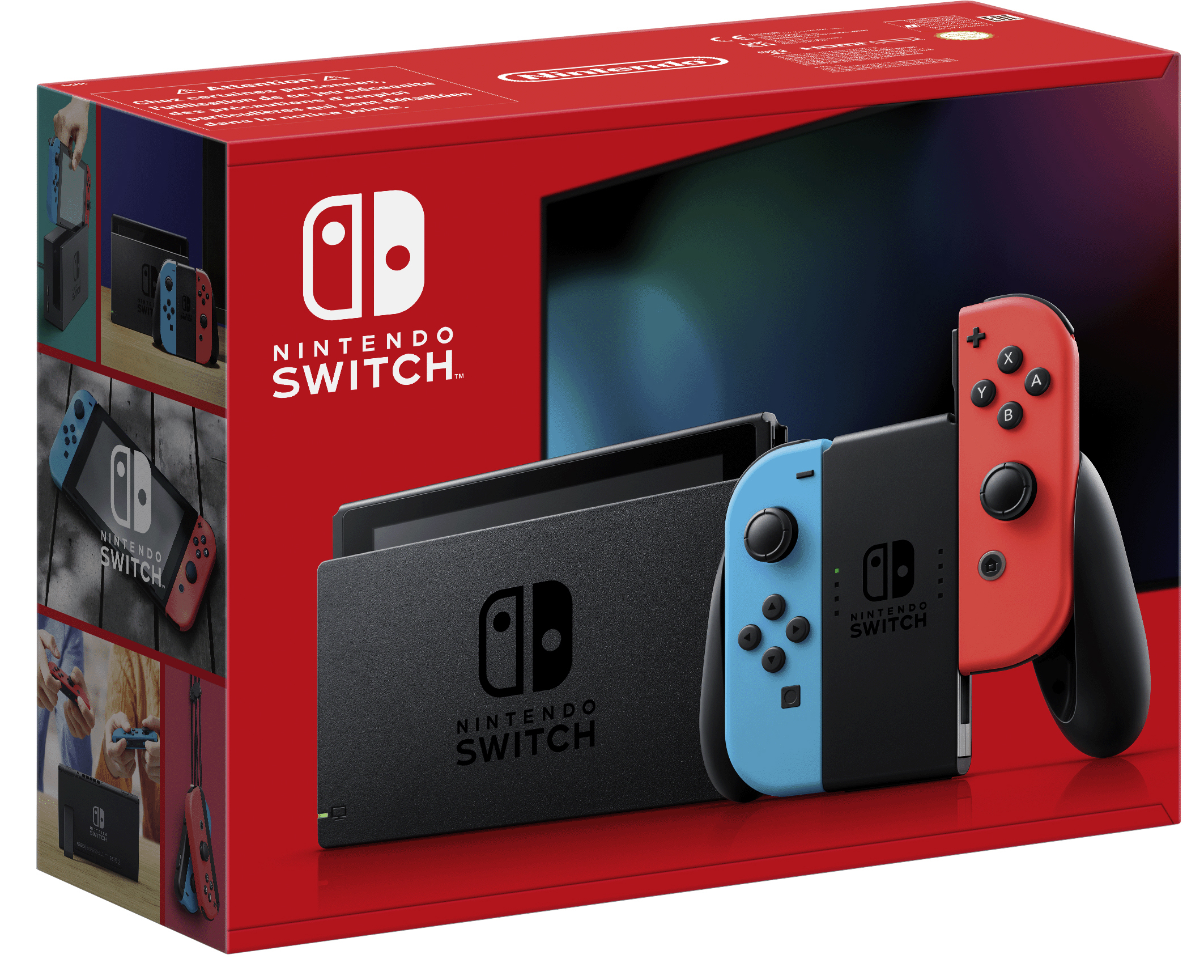 Nintendo Switch Box, mit Konsole und Controllern sichtbar.