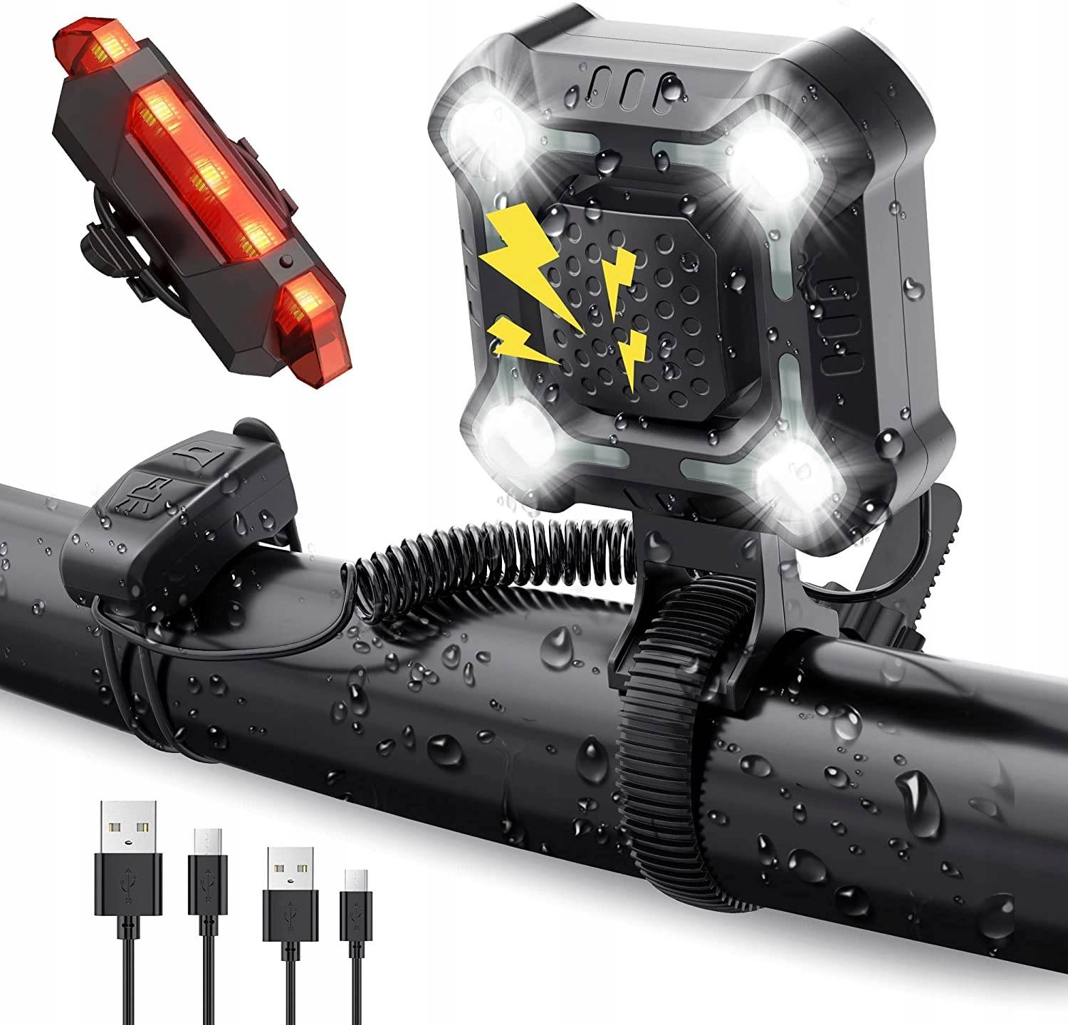 Zestaw oświetlenia rowerowego z przednimi i tylnymi światłami, kablami USB, zamontowany na kierownicy, z kroplami wody.