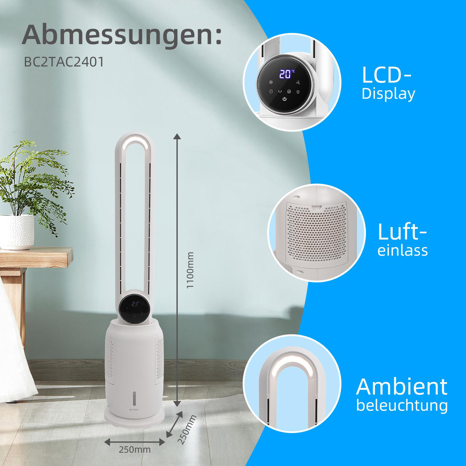 Ein hoher, weißer Ventilator mit Digitalanzeige für Temperatur und Umgebungslicht. Misst 1100 mm hoch, 250 mm breit.