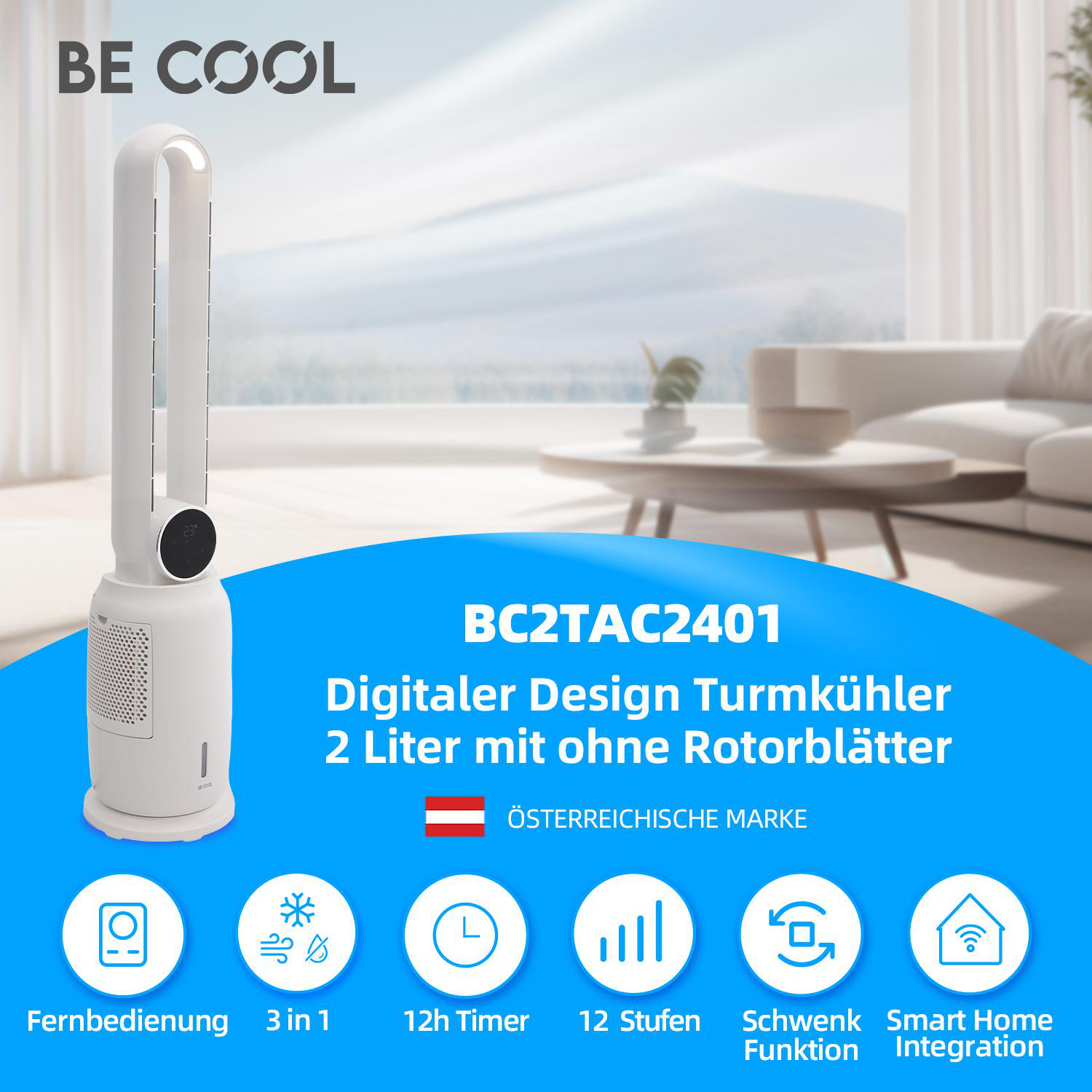 Weißer Ventilator mit Display und Bedientasten. Text: BC2TAC2401, 2 Liter, ohne Flügel.