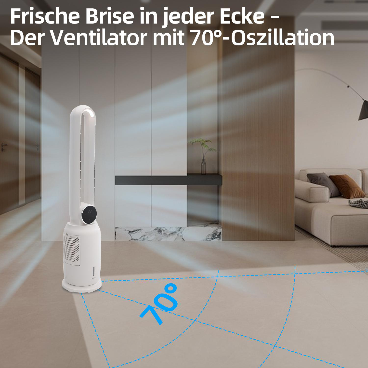 Ein weißer Turmventilator in einem Raum mit beigem Boden und einer Oszillationsdiagramm.