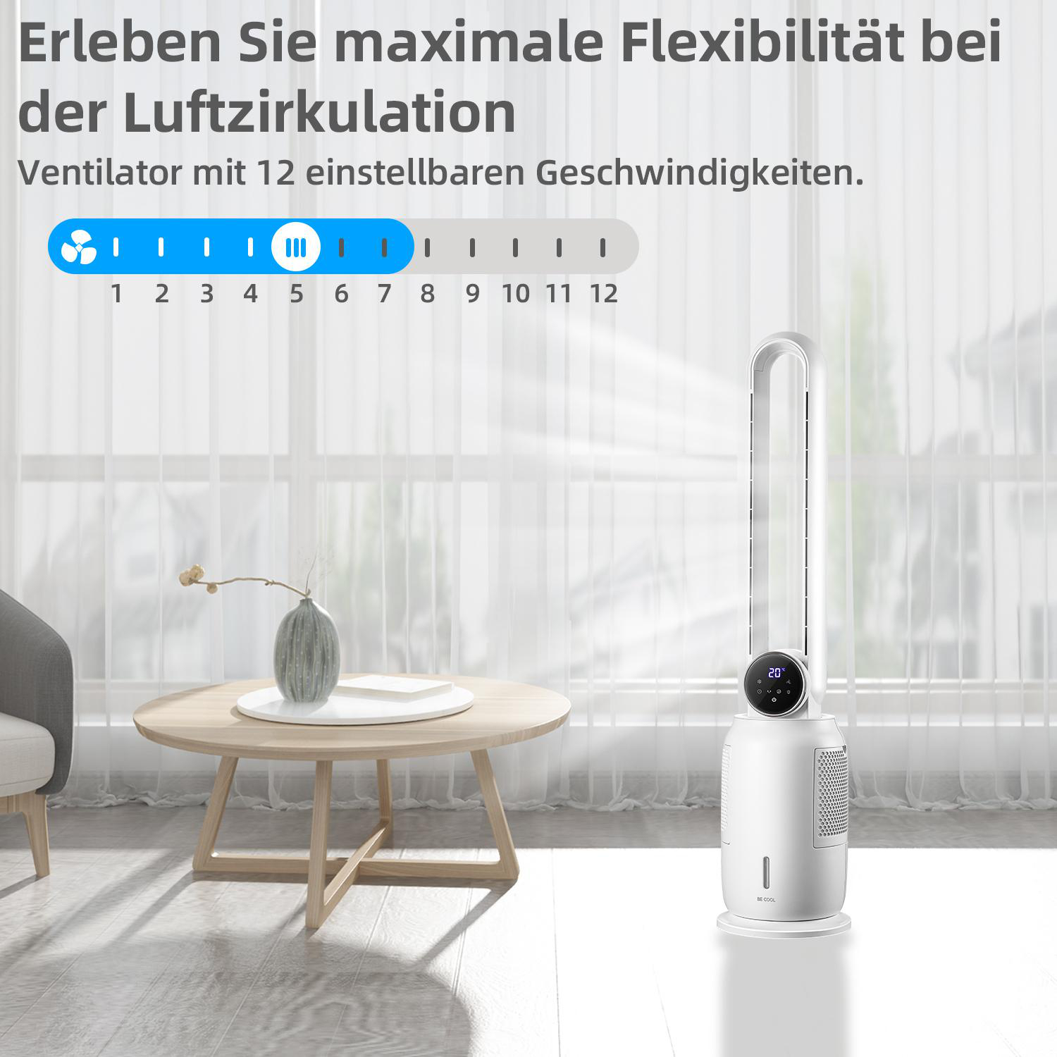 Weißer Ventilator mit Digitalanzeige auf einem Holztisch.