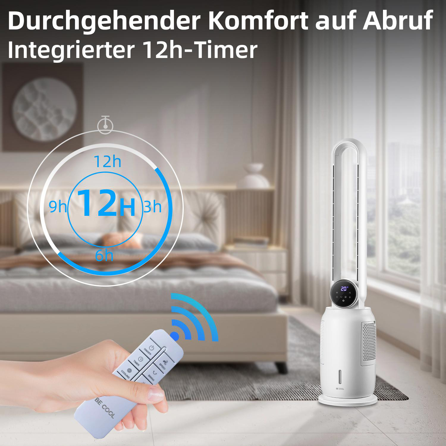 Ein weißer Ventilator mit Fernbedienung in einem Schlafzimmer.