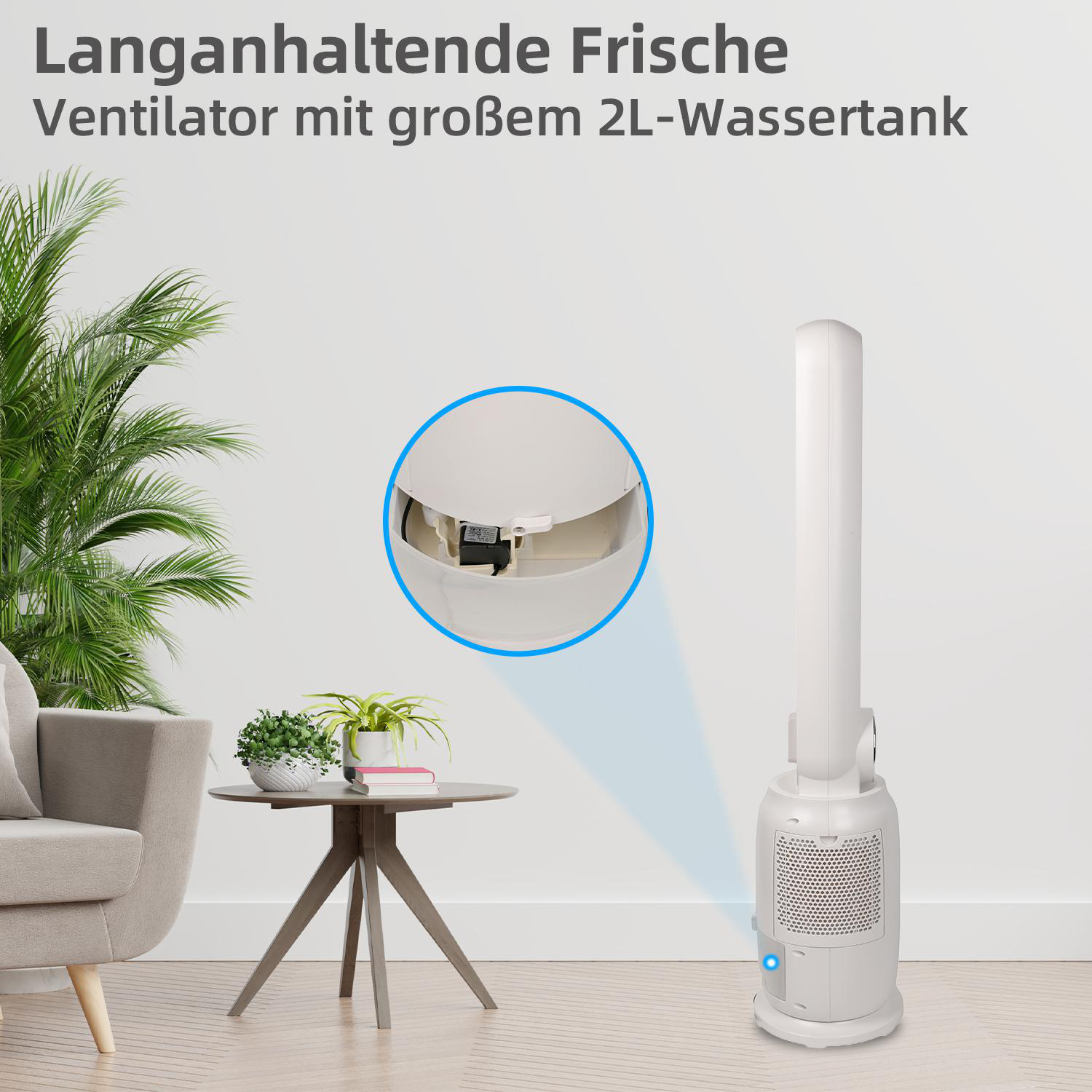 Ein weißer Ventilator mit blauem Licht, umgeben von einer Pflanze und einem Tisch.