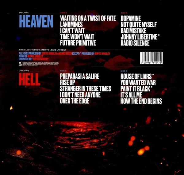 Album borító a Heaven és Hell-lel, és a fekete háttérben a számlistákkal.