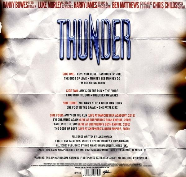 Egy CD hátlapja szöveggel, a 'Thunder' zenekar nevével és egy számlistával.