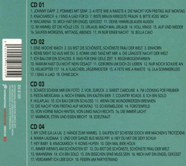 CD-Cover mit Titellisten für vier CDs, mit Barcode und Verlagsinfo.