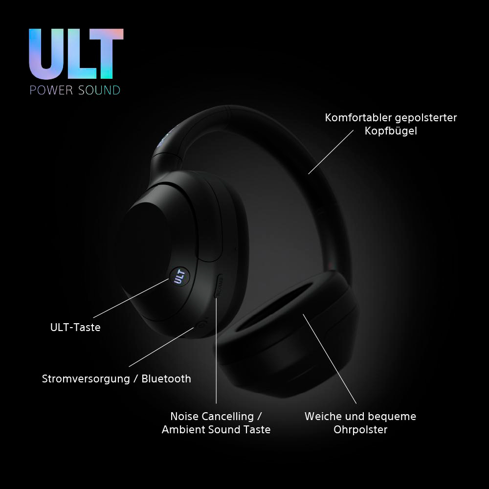 Schwarzer Kopfhörer mit Beschriftungen, einschließlich ULT, Bluetooth und Noise Cancelling.