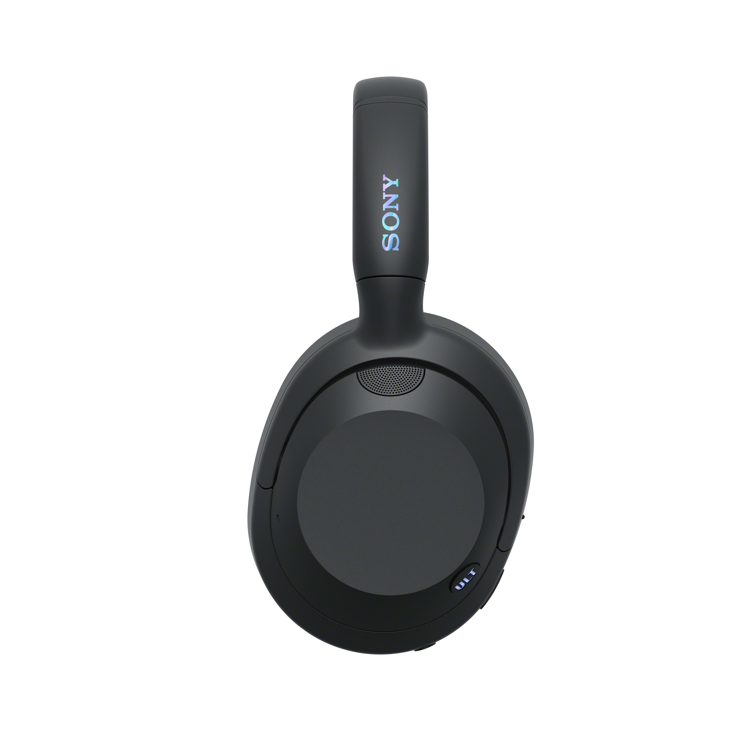 Schwarze Over-Ear-Kopfhörer von Sony. Das Wort SONY steht blau auf dem oberen Band.