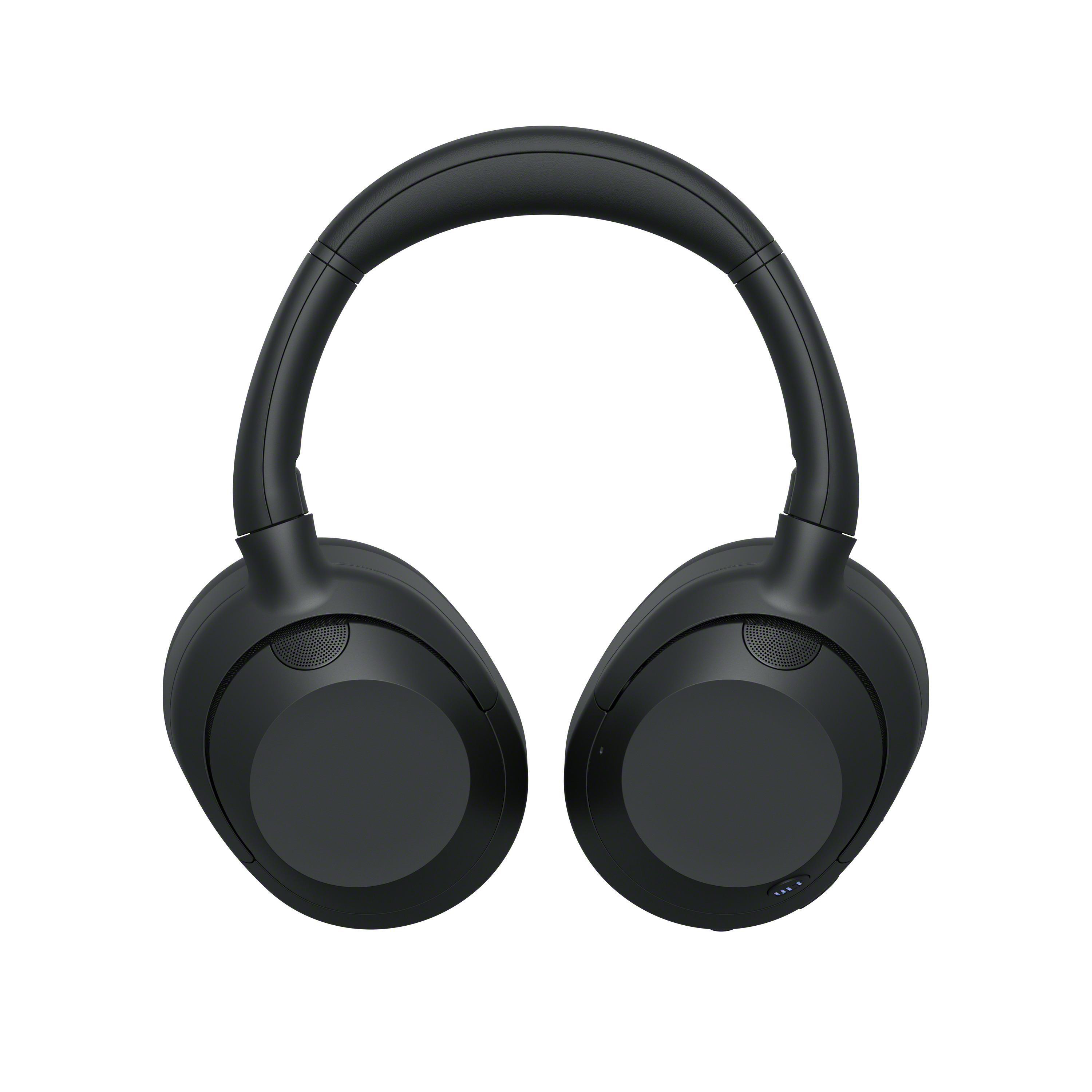 Schwarze Over-Ear-Kopfhörer, Frontansicht, auf weißem Hintergrund.