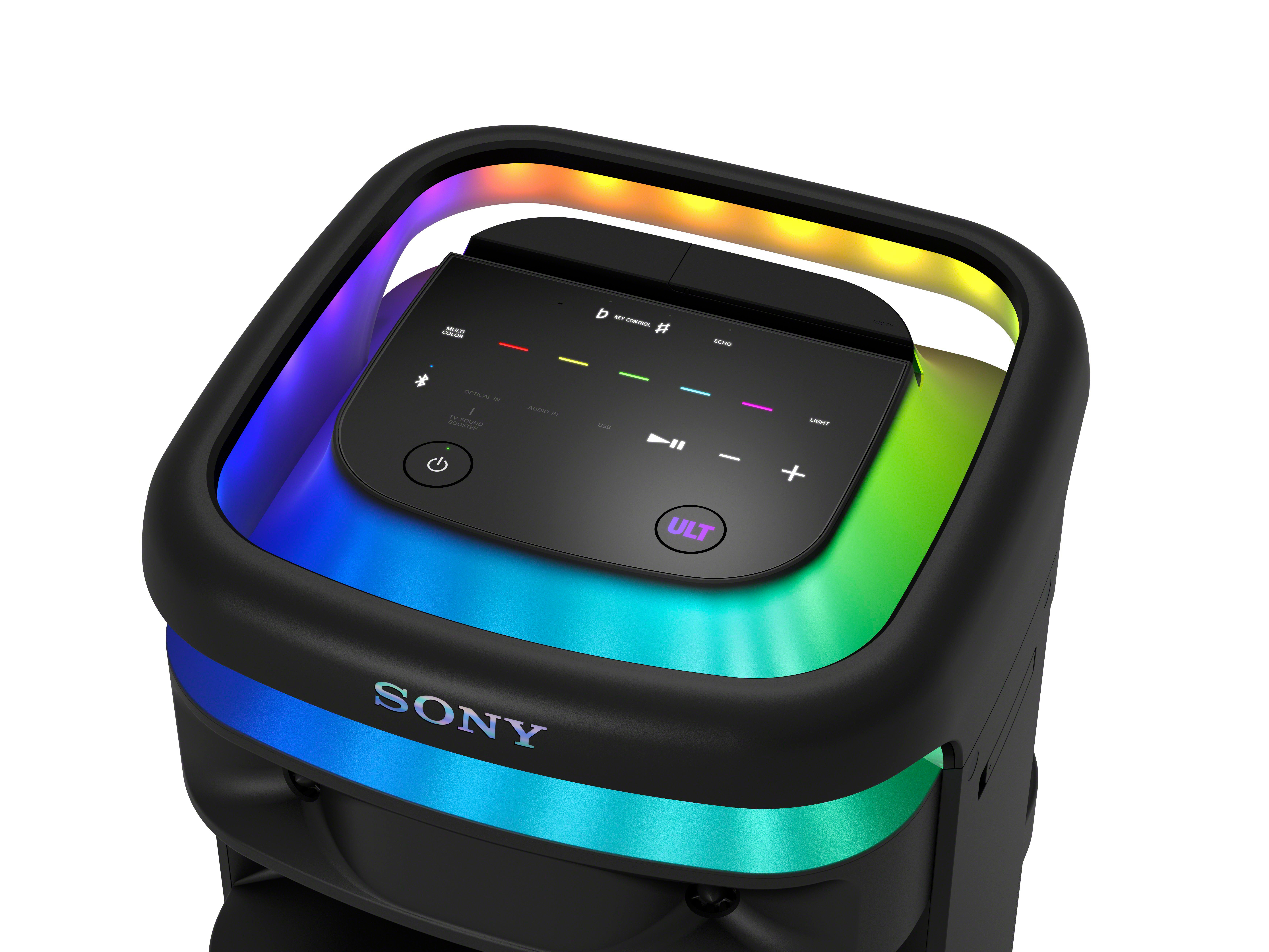 Schwarzer Sony-Lautsprecher mit farbigen Lichtern und Bedienfeld oben.