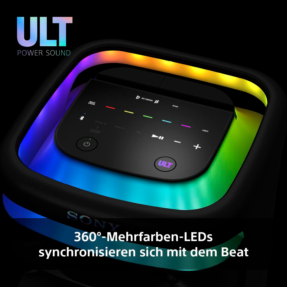 Schwarzer Lautsprecher mit bunten LEDs und Bedienfeld.