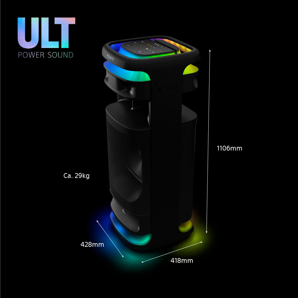 Ein schwarzer Sony ULT Power Sound Lautsprecher mit bunten Lichtern und Größenangaben.