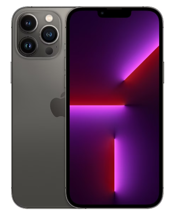 Arkası üç kameralı, ekranında mor ve kırmızı geçişler görünen koyu gri bir iPhone Pro.