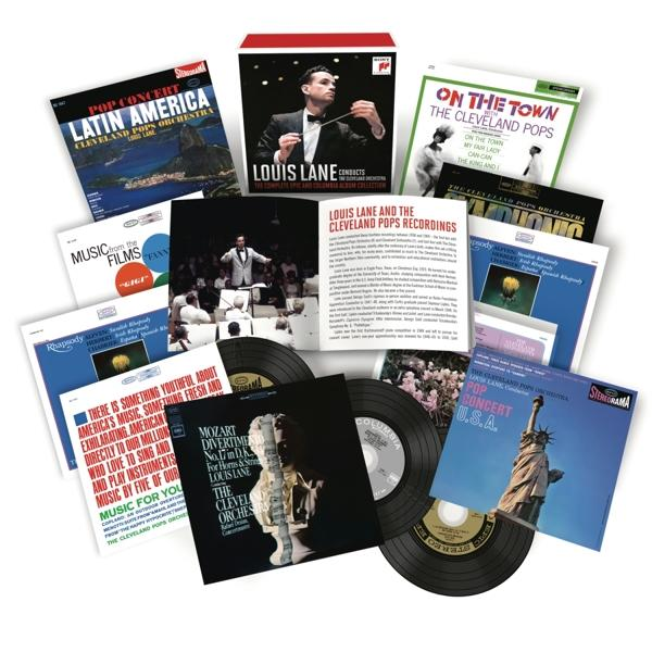 Albumcover mit verschiedenen Schallplatten und Booklet. Text: Louis Lane und das Cleveland Pops Orchestra.