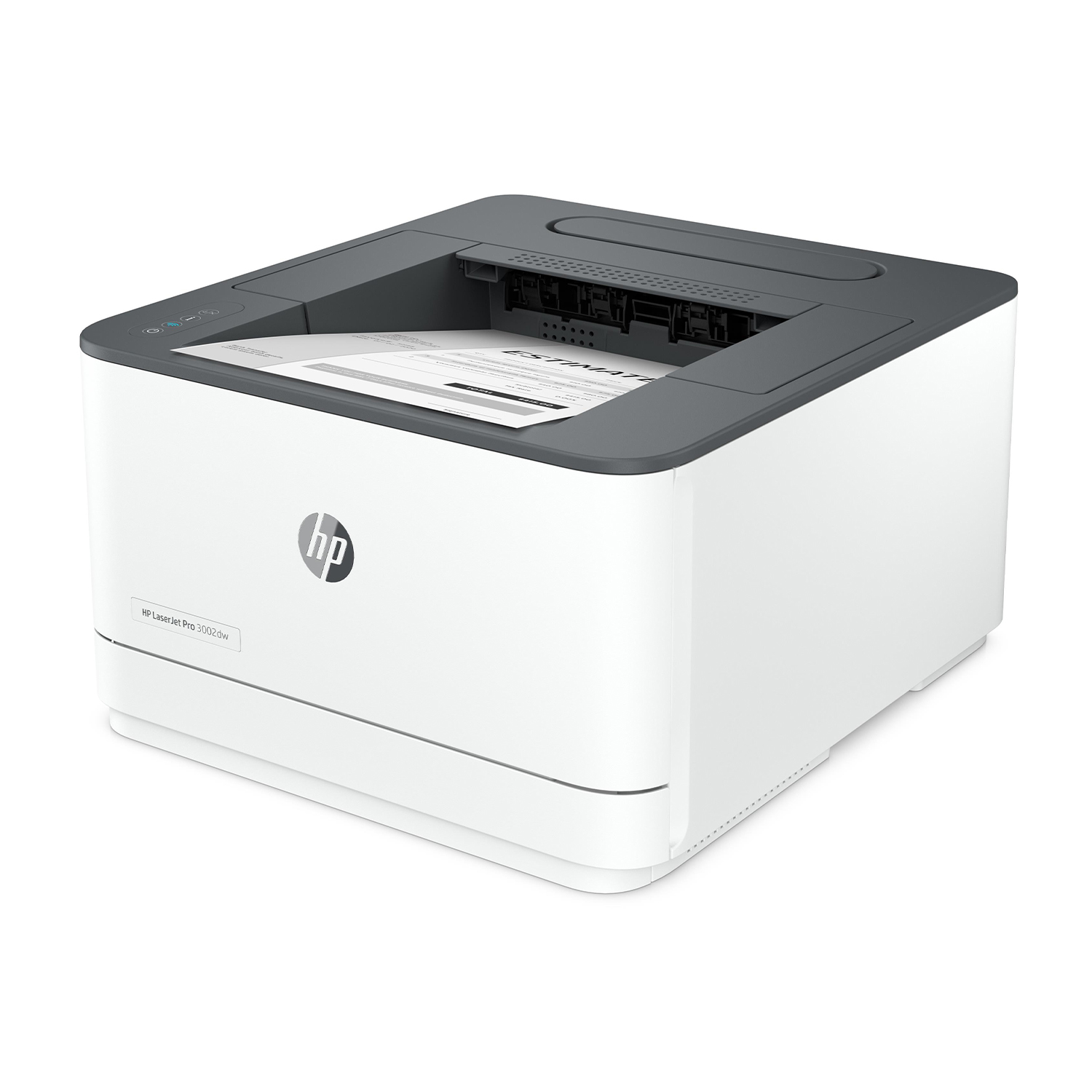 Una stampante HP LaserJet Pro. È bianca e grigia, su uno sfondo bianco.