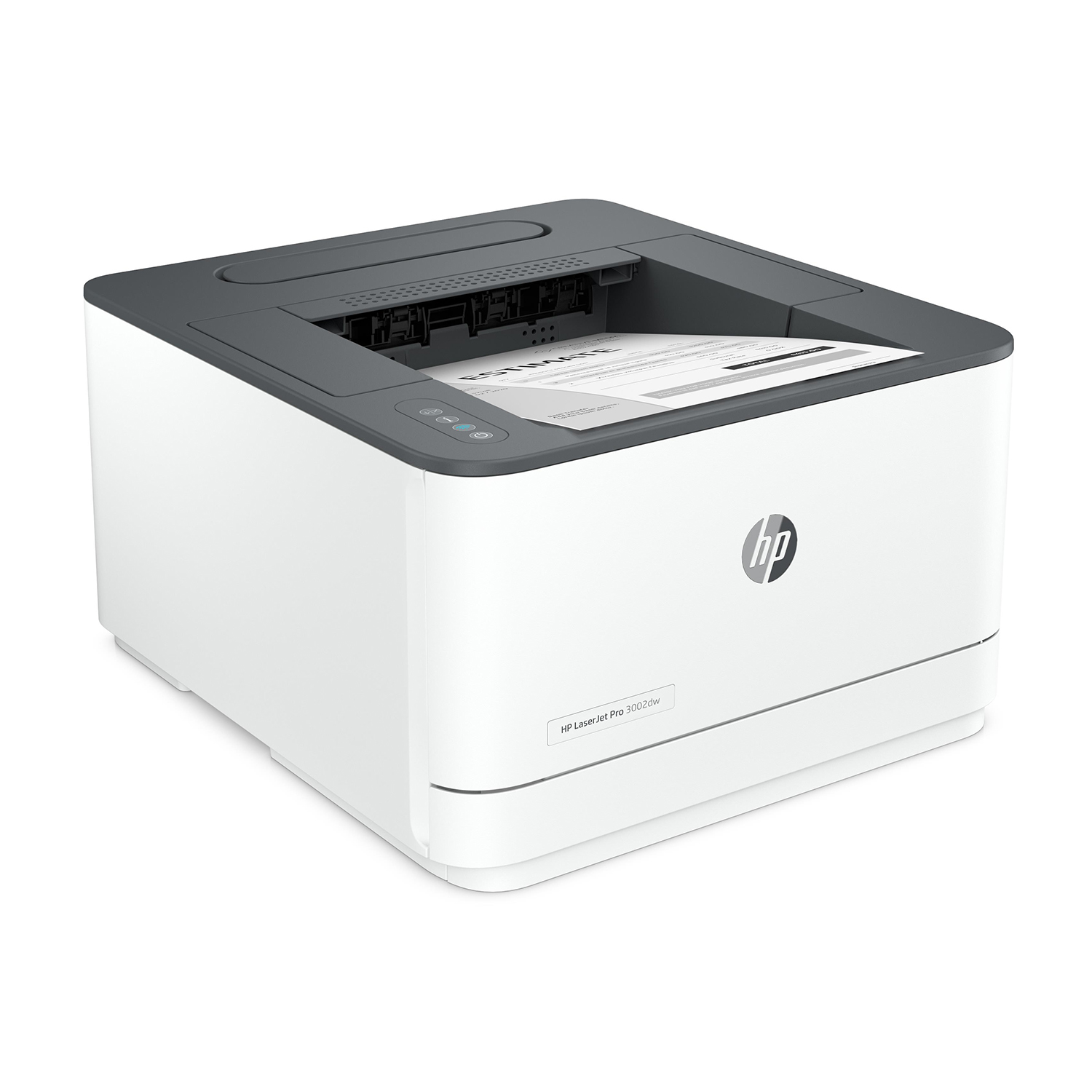 Stampante HP bianca con parte superiore grigio scuro, carta all'interno.