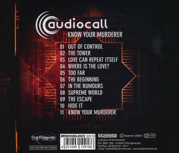 CD-Rückseite mit Songliste für 'Audiocall - Know Your Murderer' und Label-Infos.