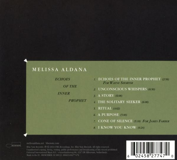 Ein CD-Cover mit Text und Titelliste für Melissa Aldanas Album 'Echoes of the Inner Prophet'.