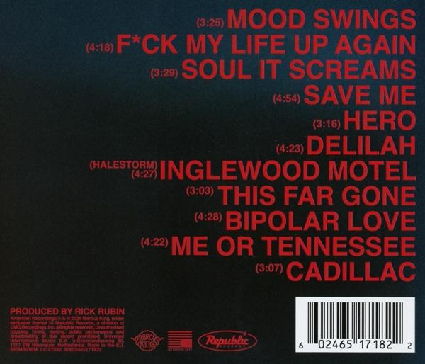 Ein CD-Cover mit einer Titelliste. Das Cover ist schwarz und hat roten Text.