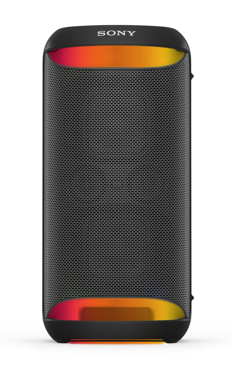 Czarny głośnik Bluetooth Sony z siatkową osłoną, pomarańczowym i żółtym oświetleniem.