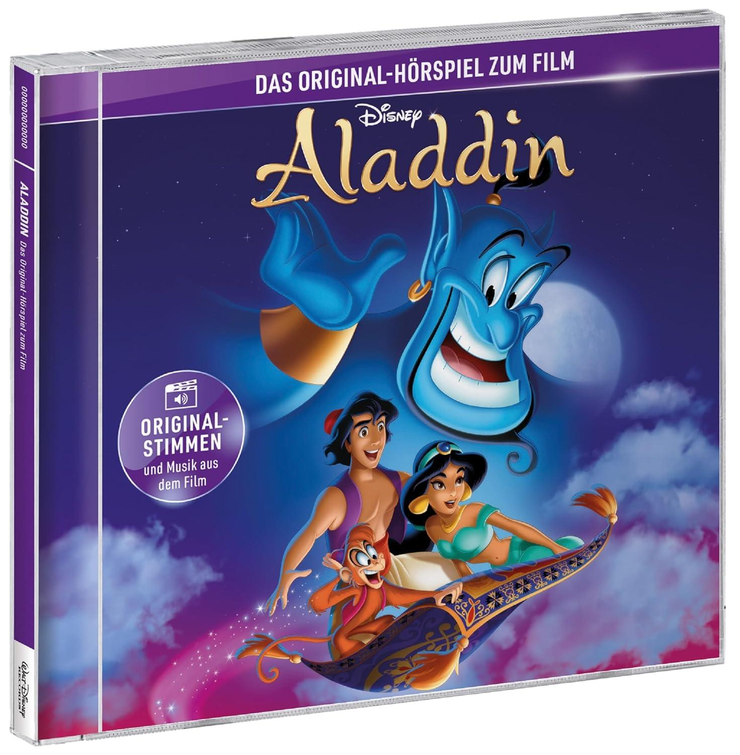 Aladdin DVD-Hülle. Cover zeigt Aladdin, Jasmin, Dschinni. Text 'Das Original-Hörspiel zum Film'.