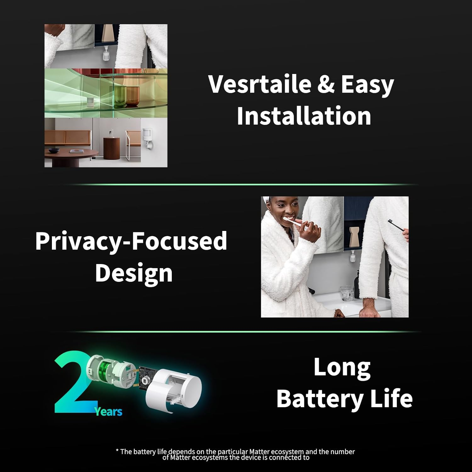 Bilder eines modernen Badezimmers mit Text: Vielseitige & einfache Installation, auf Privatsphäre ausgerichtetes Design und lange Akkulaufzeit.