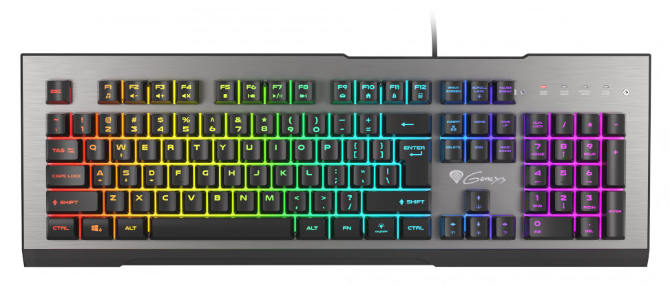 Podświetlana klawiatura RGB z wieloma klawiszami i opcjami podświetlenia, srebrna ramka.