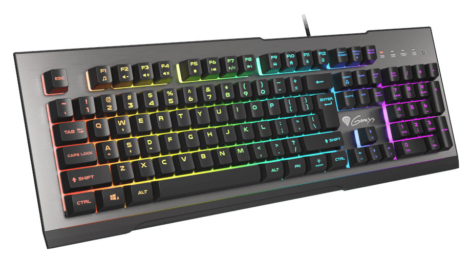 Klawiatura z tęczowymi klawiszami. Klawiatura jest na jasnej powierzchni.