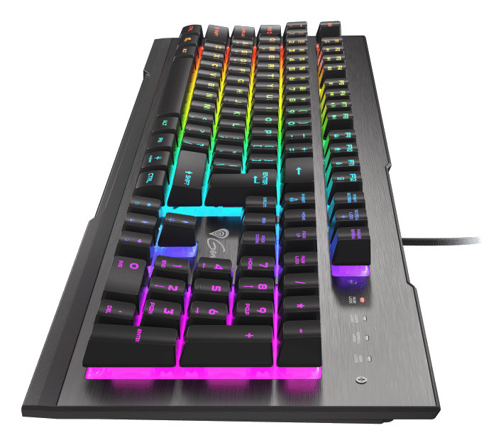 Podświetlana klawiatura z kolorowymi klawiszami, z metalową ramą.