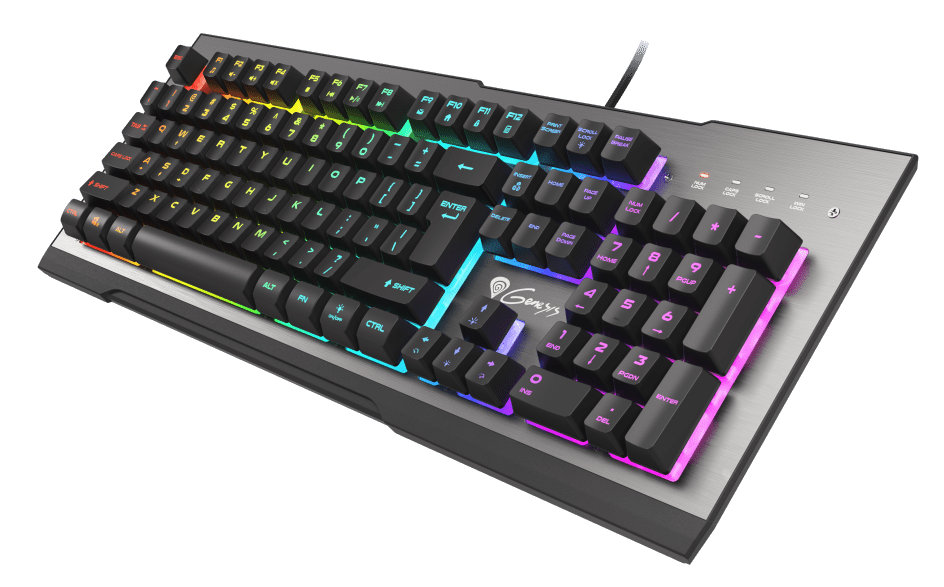 Czarna i srebrna klawiatura Genesis z tęczowymi klawiszami. Klawiatura jest na białym tle.