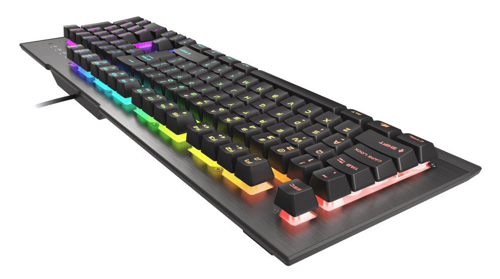 Czarna klawiatura dla graczy z kolorowymi podświetlanymi klawiszami. Standardowy układ.