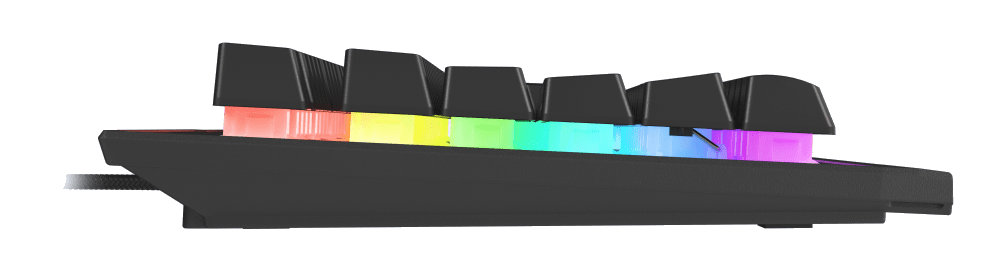 Czarna klawiatura z kolorowymi, podświetlanymi klawiszami z boku.
