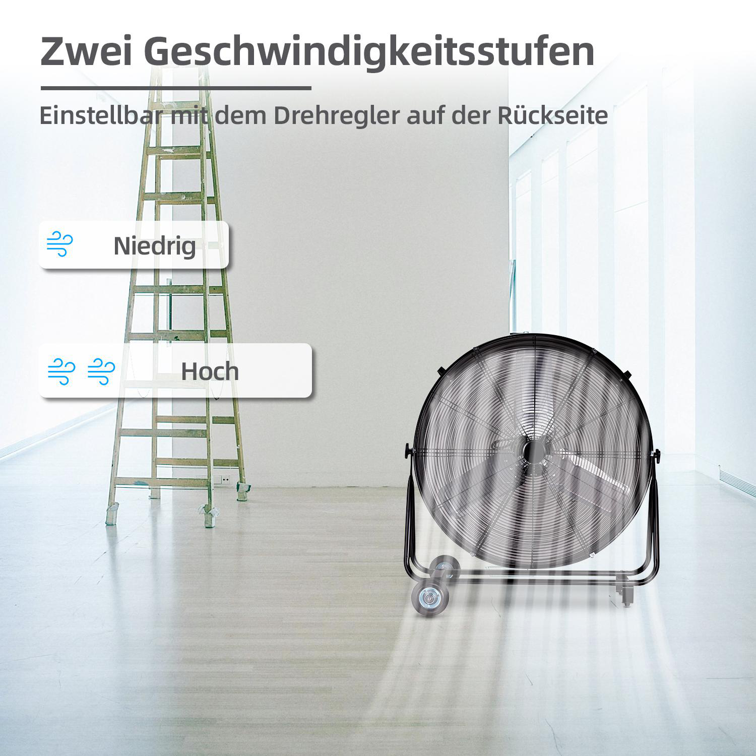 Ein großer schwarzer Ventilator mit Rädern. Links eine Leiter. Text zeigt niedrige und hohe Geschwindigkeitseinstellungen.