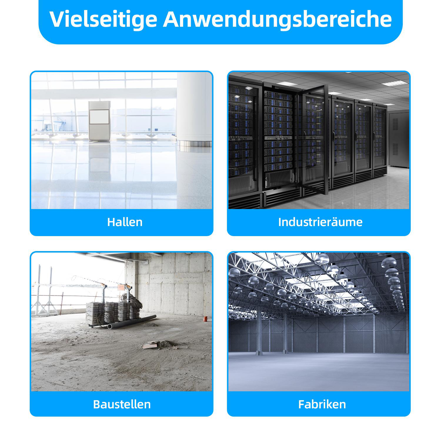 Das Bild zeigt vier verschiedene Anwendungen: Halle mit weißen Wänden, Serverraum, Baustelle und Fabrik.
