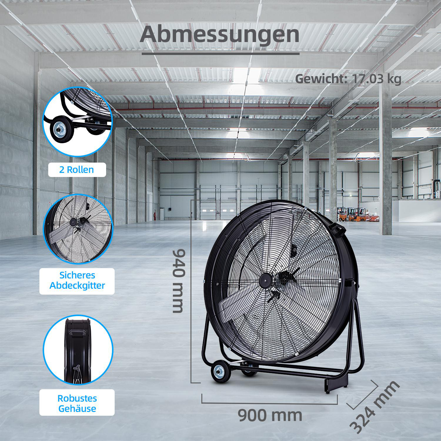 Ein großer schwarzer Industrieventilator mit Maßangaben. Details zeigen Räder, ein Schutzgitter und ein robustes Gehäuse.