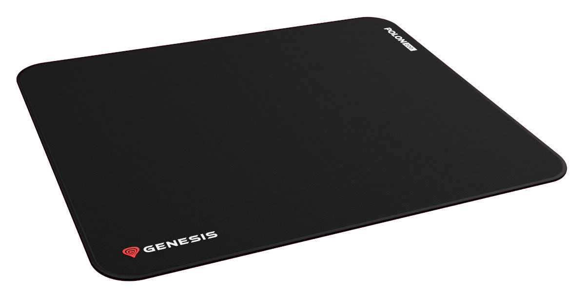 Czarna podkładka pod mysz Genesis z logo Genesis i marką POLON.