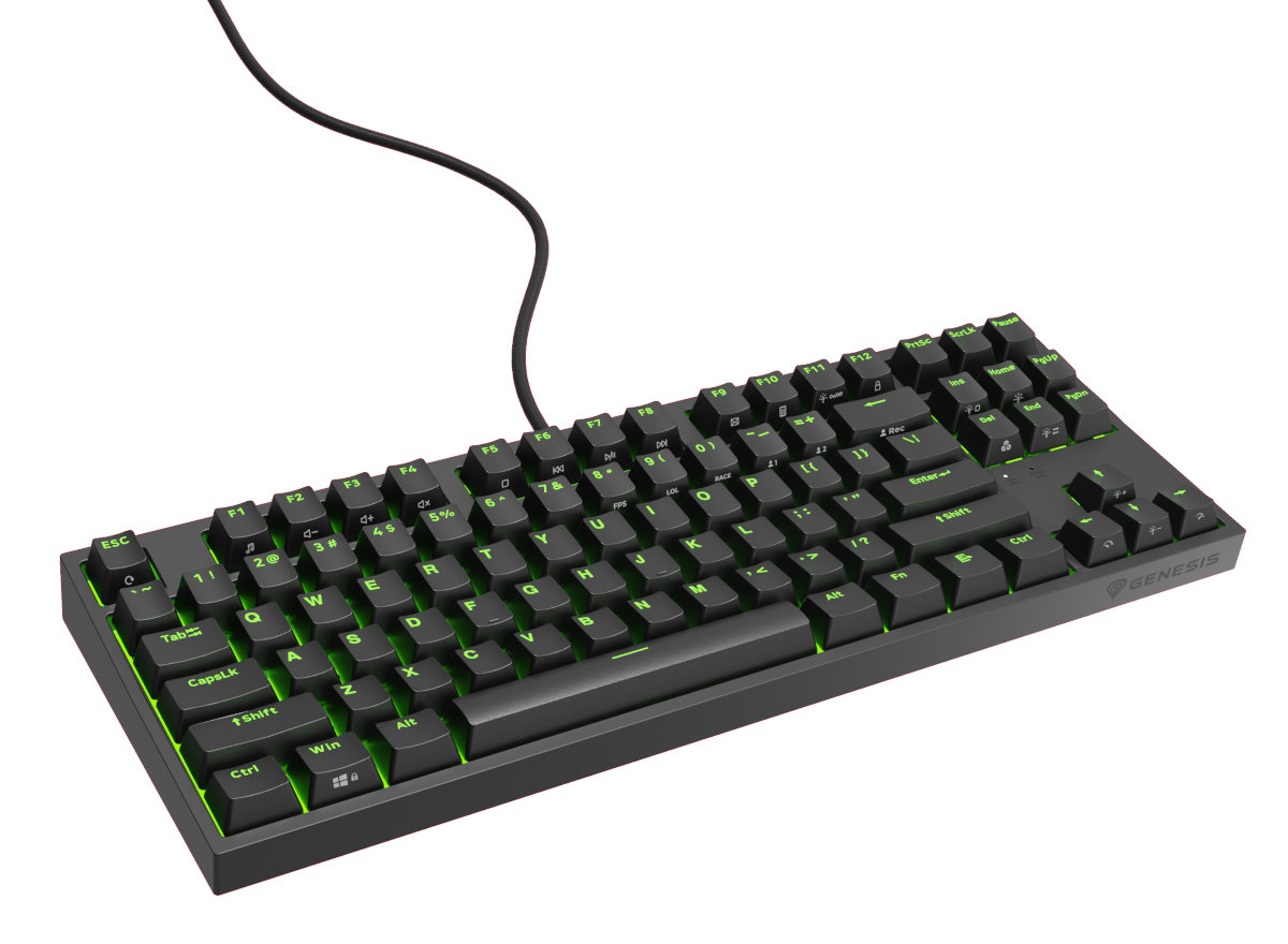 Czarna klawiatura do gier z zielonym podświetleniem. Klawisze z białymi literami.