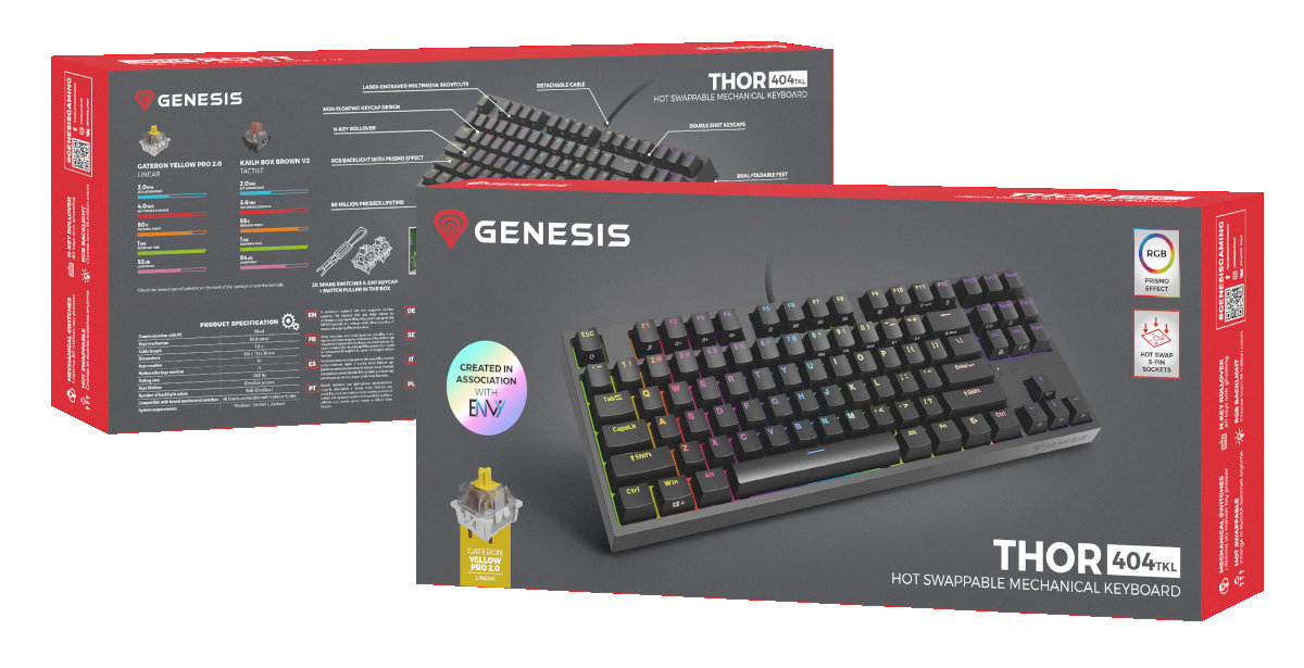 Pudełko przedstawia klawiaturę mechaniczną z żółtym przełącznikiem i oświetleniem RGB.