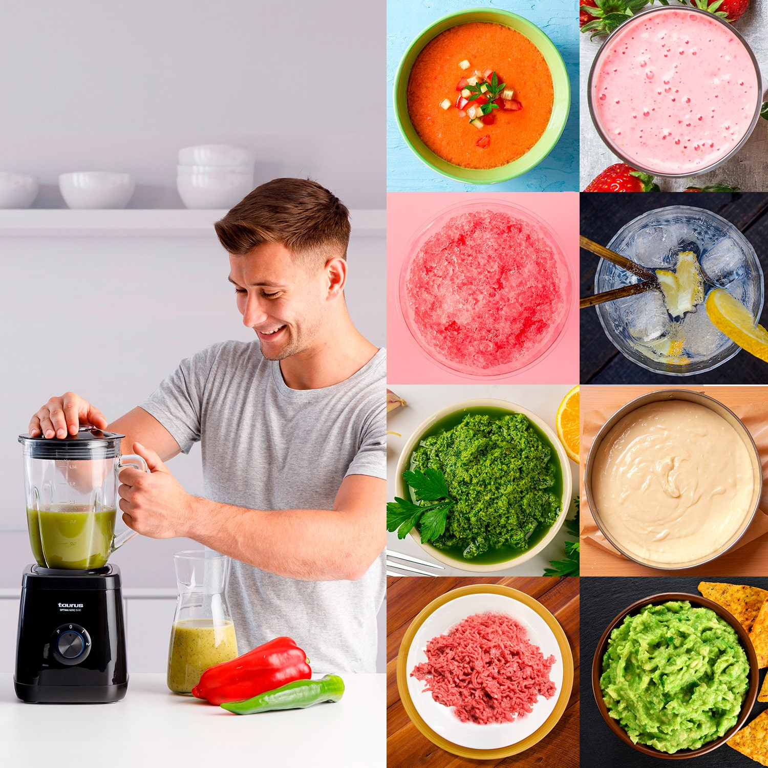 Hombre haciendo batido, varios alimentos licuados en cuencos, gazpacho y pesto.