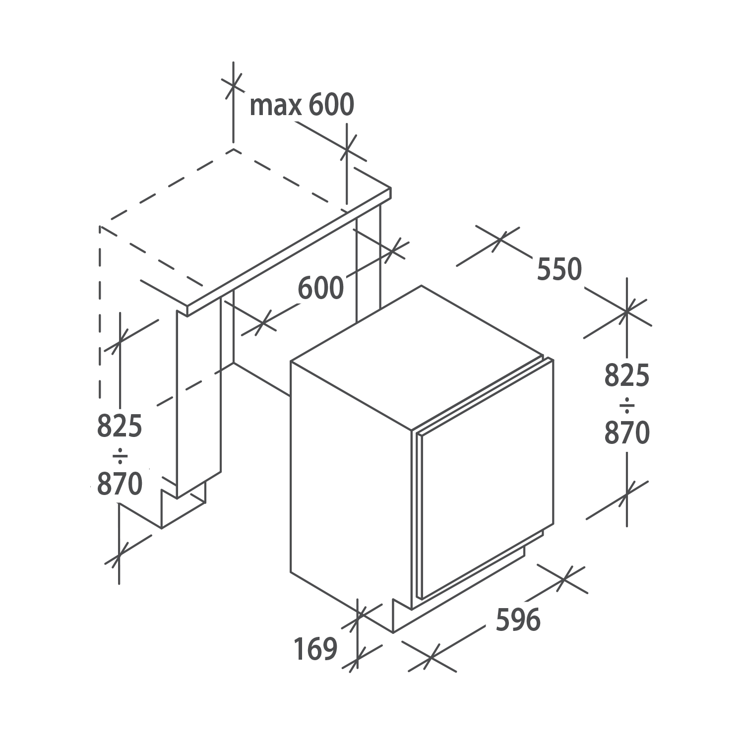 Diagramma di una lavastoviglie con dimensioni, che mostra l'unità e un bancone.