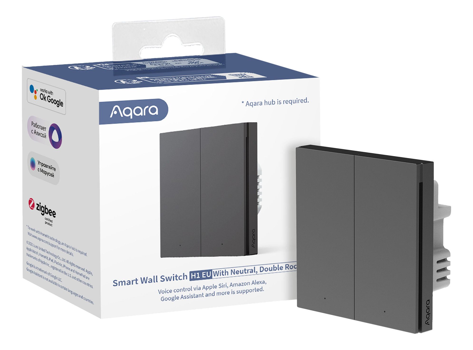 Eine weiße Box mit einem grauen Smart-Wandschalter und einem schwarzen Schalter auf weißem Hintergrund.