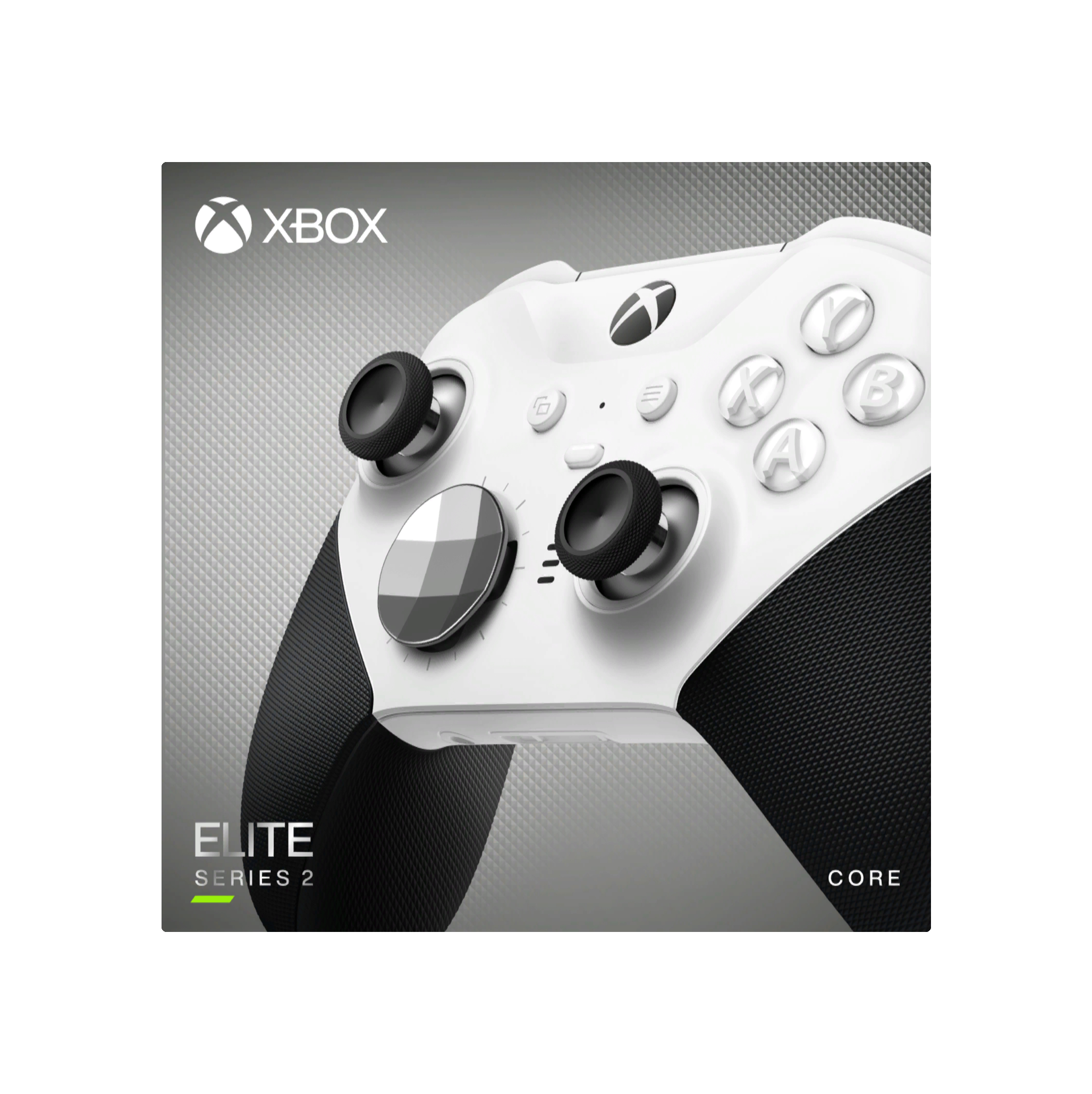 Ein weißer Xbox Elite Series 2 Controller mit schwarzen Griffen und Knöpfen.