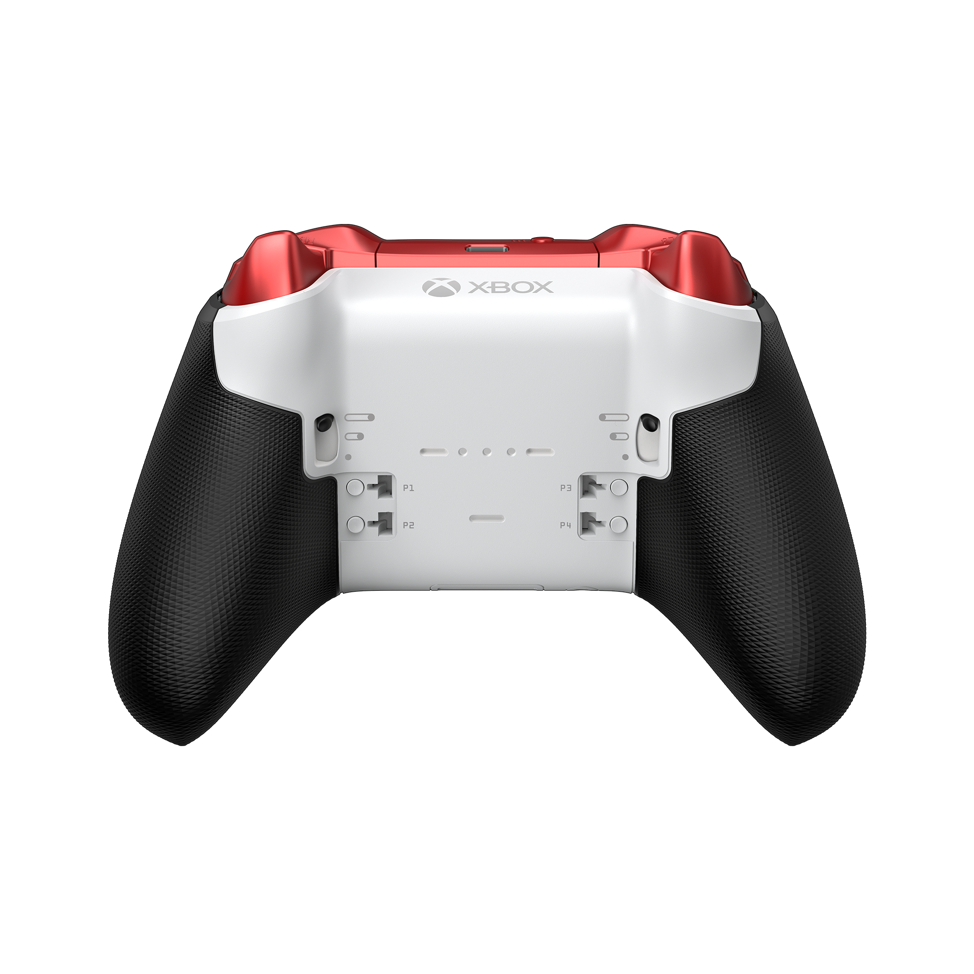 Die Rückansicht eines schwarz-weißen Xbox-Controllers mit roten Akzenten. Es ist auf weißem Hintergrund.