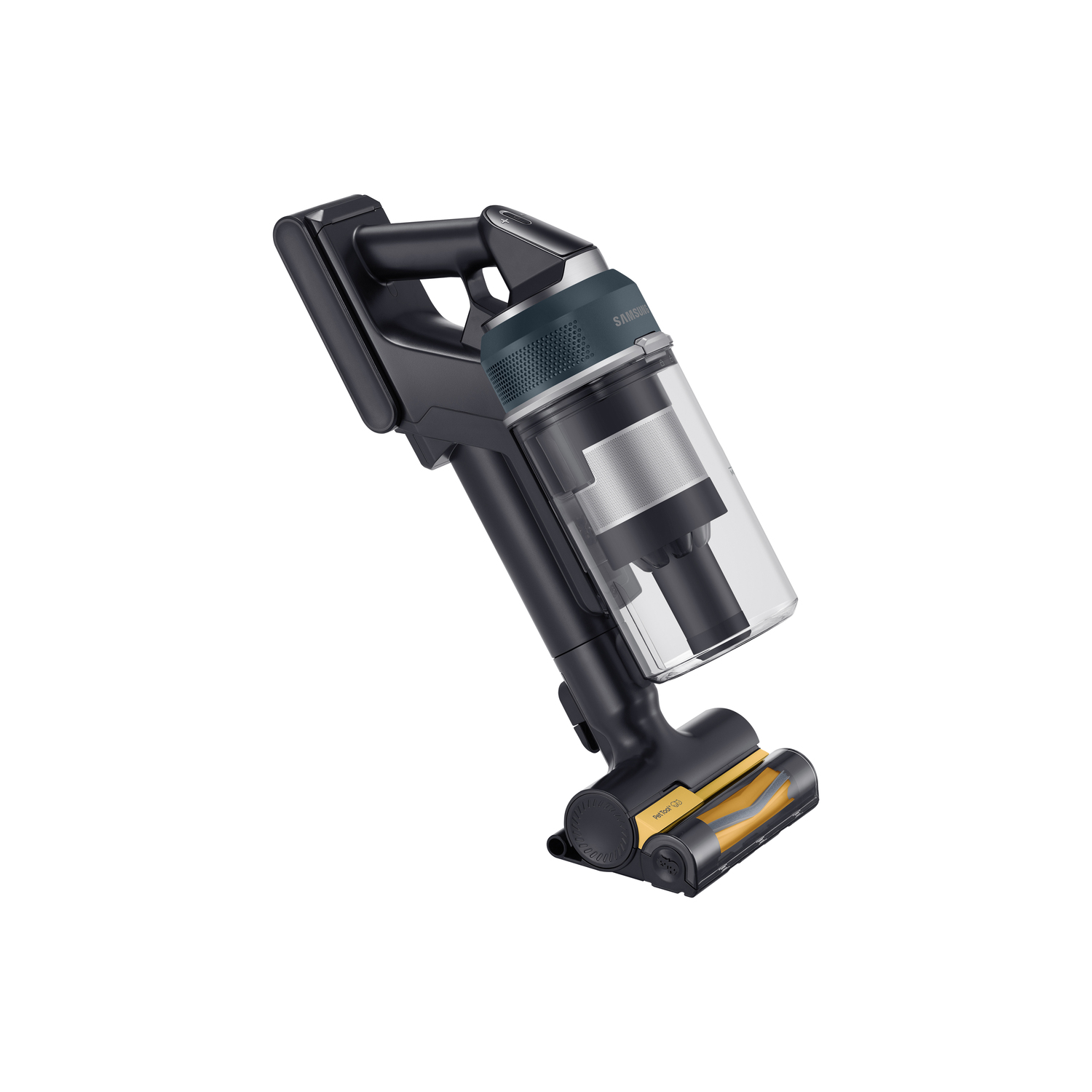 Black and gray Samsung cordless vacuum cleaner with a clear dustbin and yellow brush head.