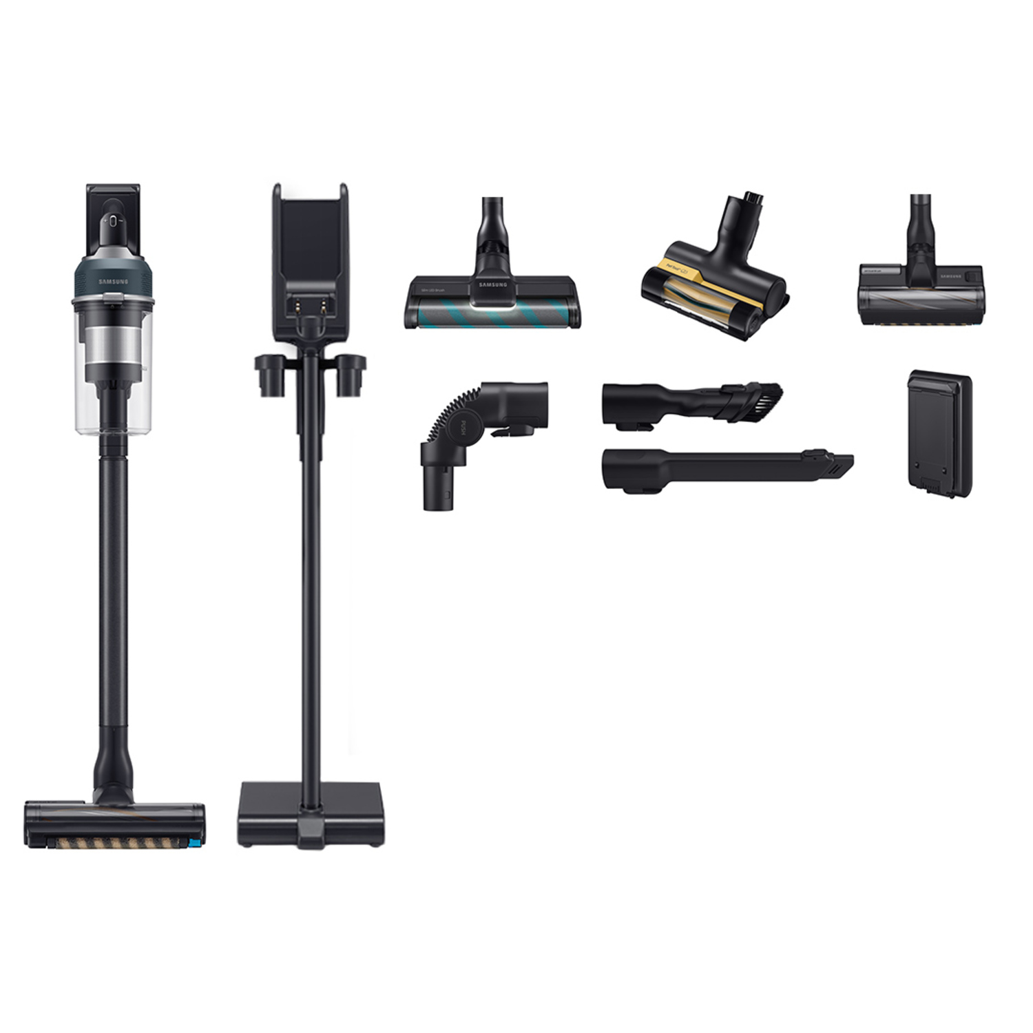 Vacuum cleaner with multiple attachments, stand. All items are on a white background.