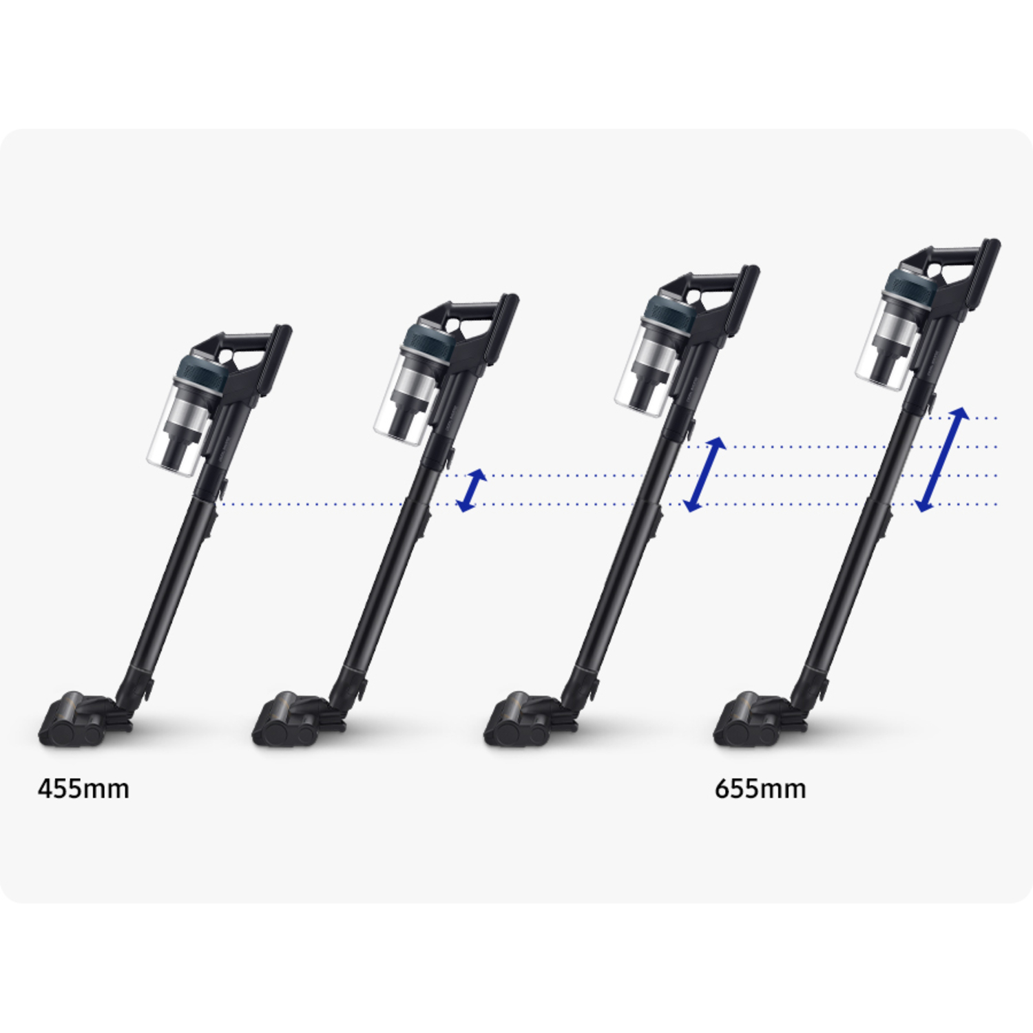 Four black vacuum cleaners show height adjustability. Arrows indicate extension, white background.