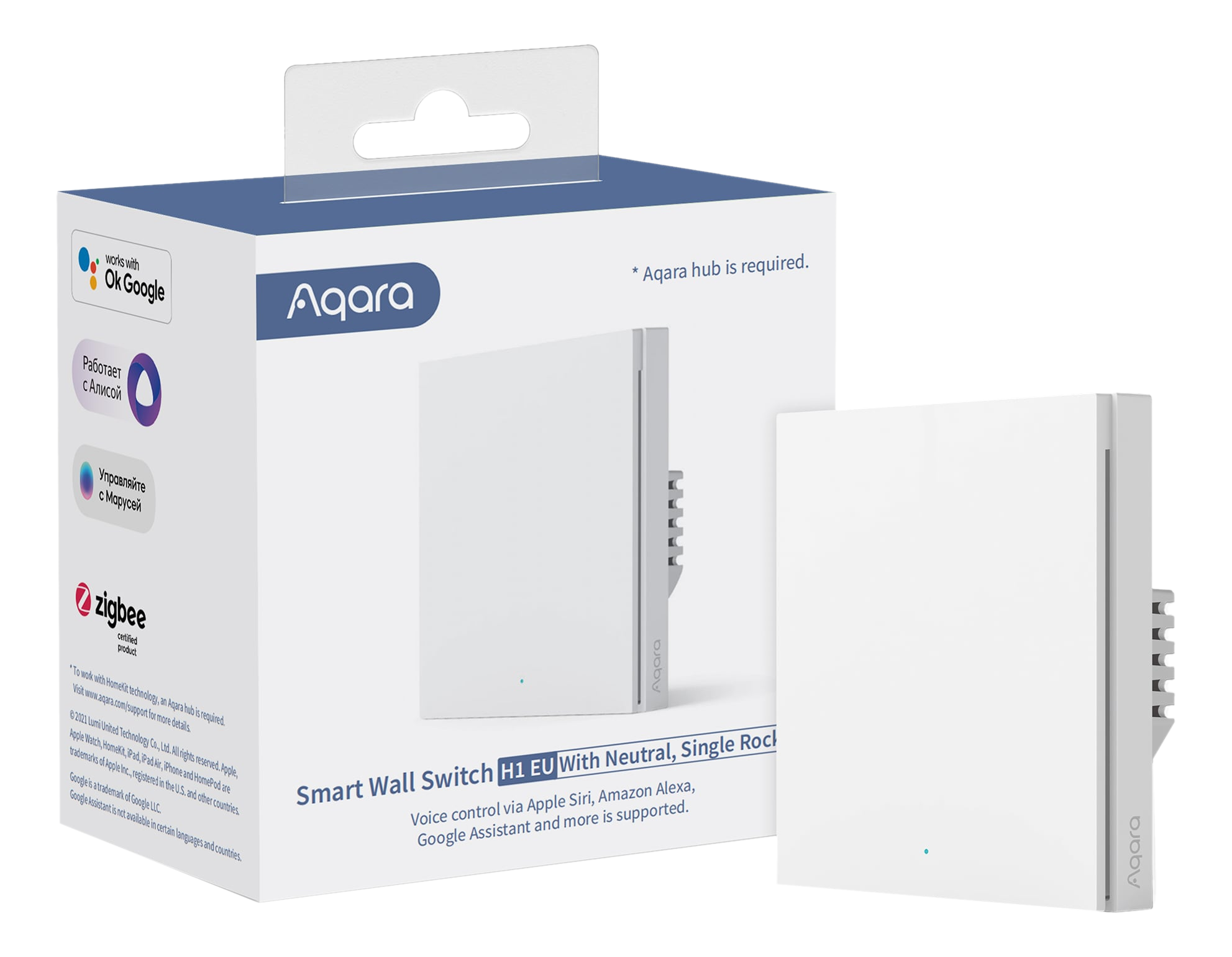 Aqara Smart-Wandschalter in einer Box, daneben ein Schalter. Weiß mit Text.