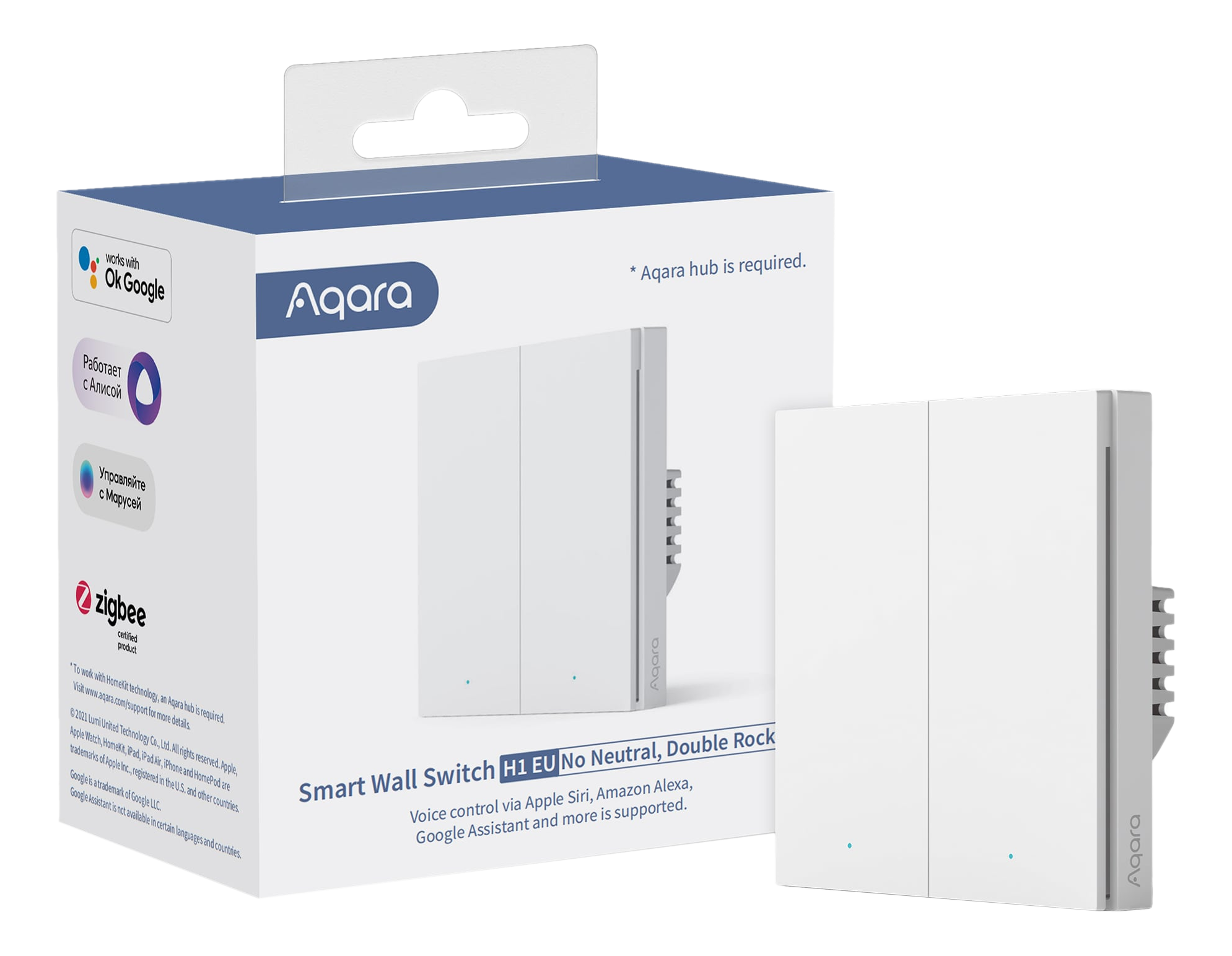 Aqara Smart Wall Switch H1 EU. Eine weiße Box mit einem Schalter und zwei weißen Schaltermodulen. Der Hintergrund ist weiß.